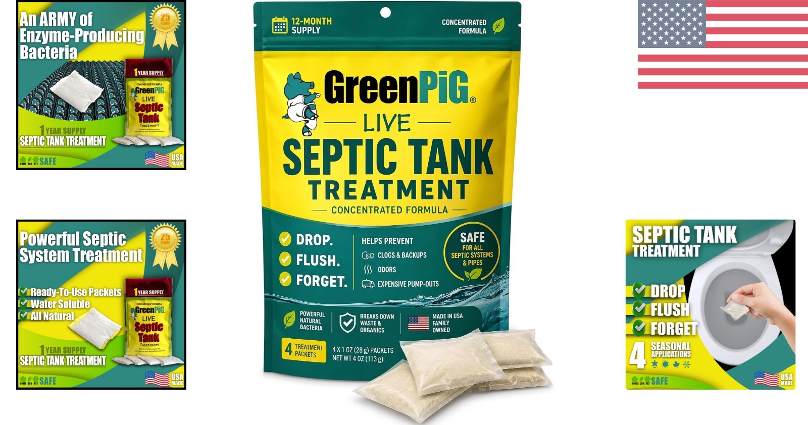 Septic Tank Treatment Packets – 1- Supply of 4 Enzyme Packets for Clogs