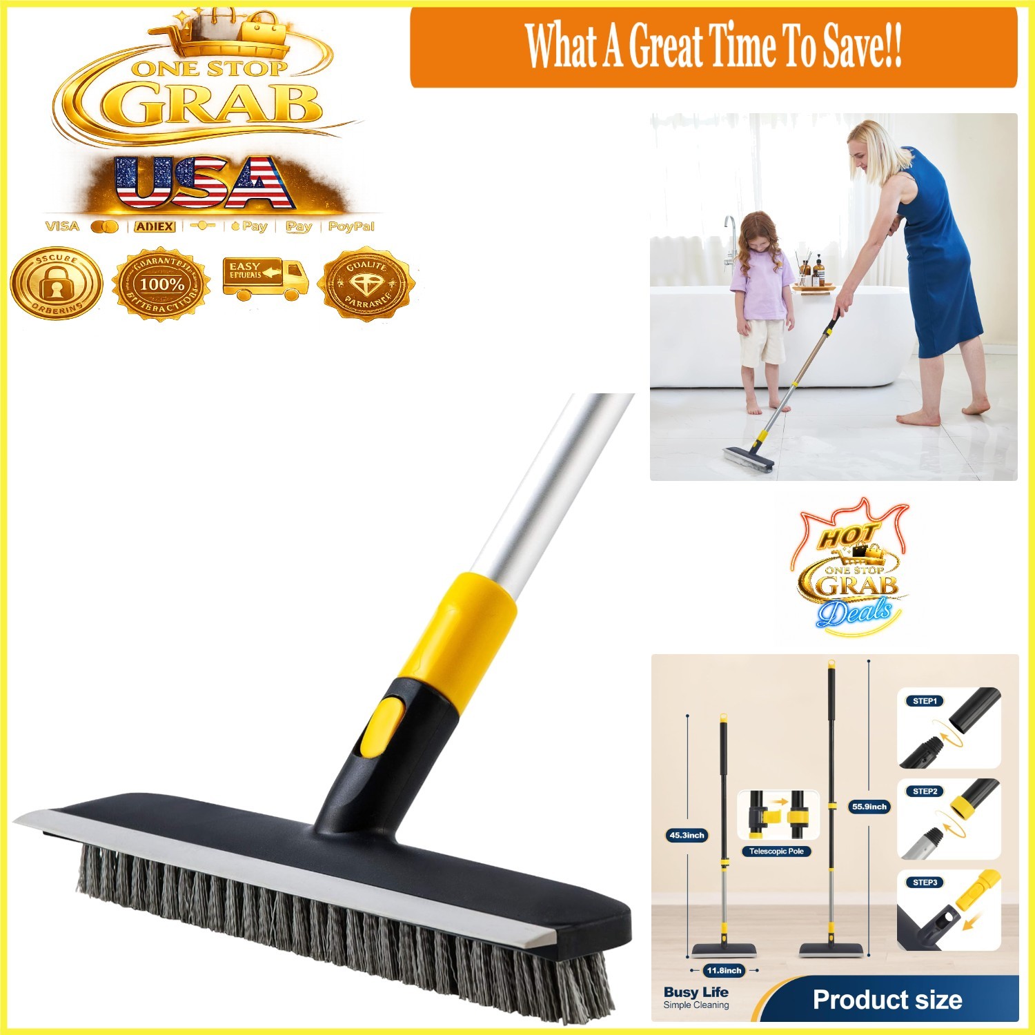Telescopic Floor Scrub Brush 2-in-1 Stiff Bristle Shower & Patio Cleaner