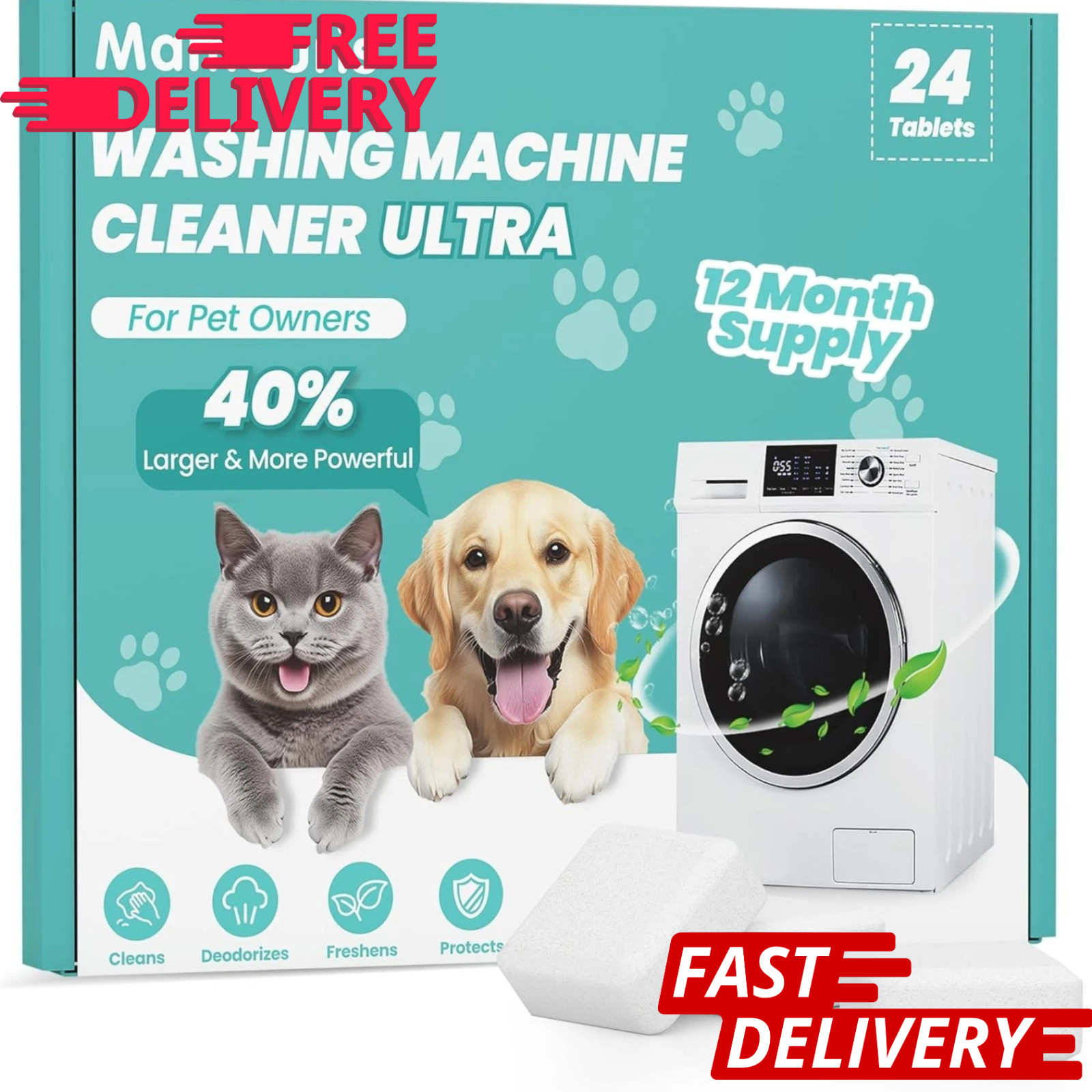 Washing Machine Cleaner Tablets 24 Count Deep Clean Odor Remover 1 Year Supply