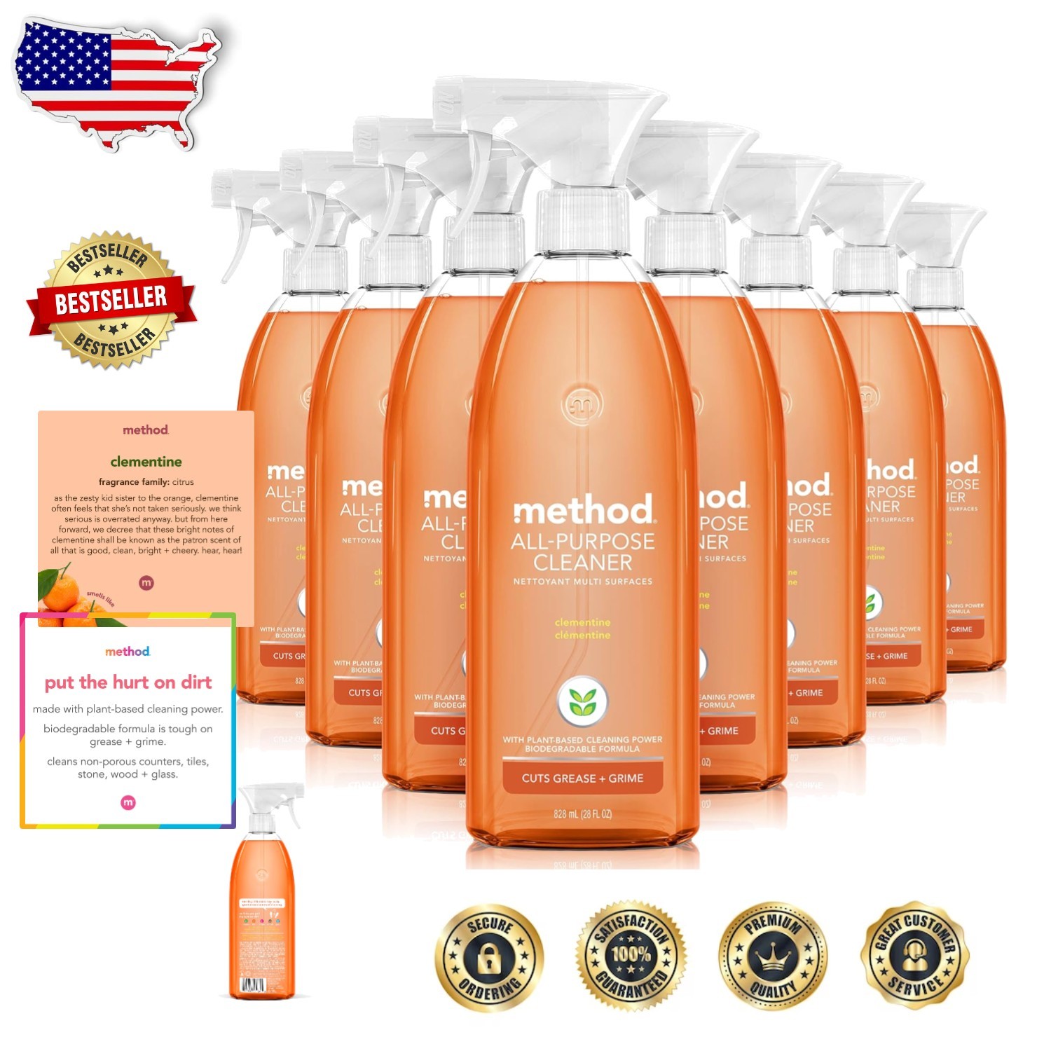 Method Clementine All-Purpose Cleaner 8x28oz – Cuts Grease, Non-Abrasive