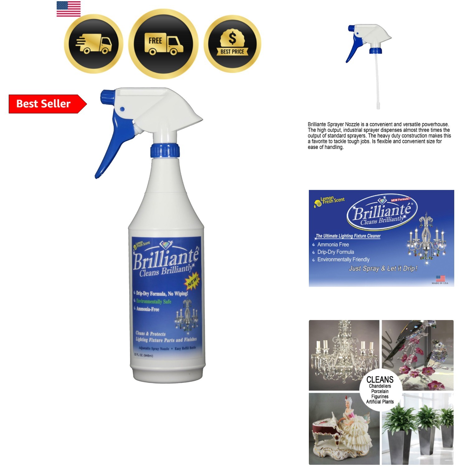 BRILLIANTE Crystal Chandelier Cleaner Manual Sprayer 32oz Environmentally Saf…