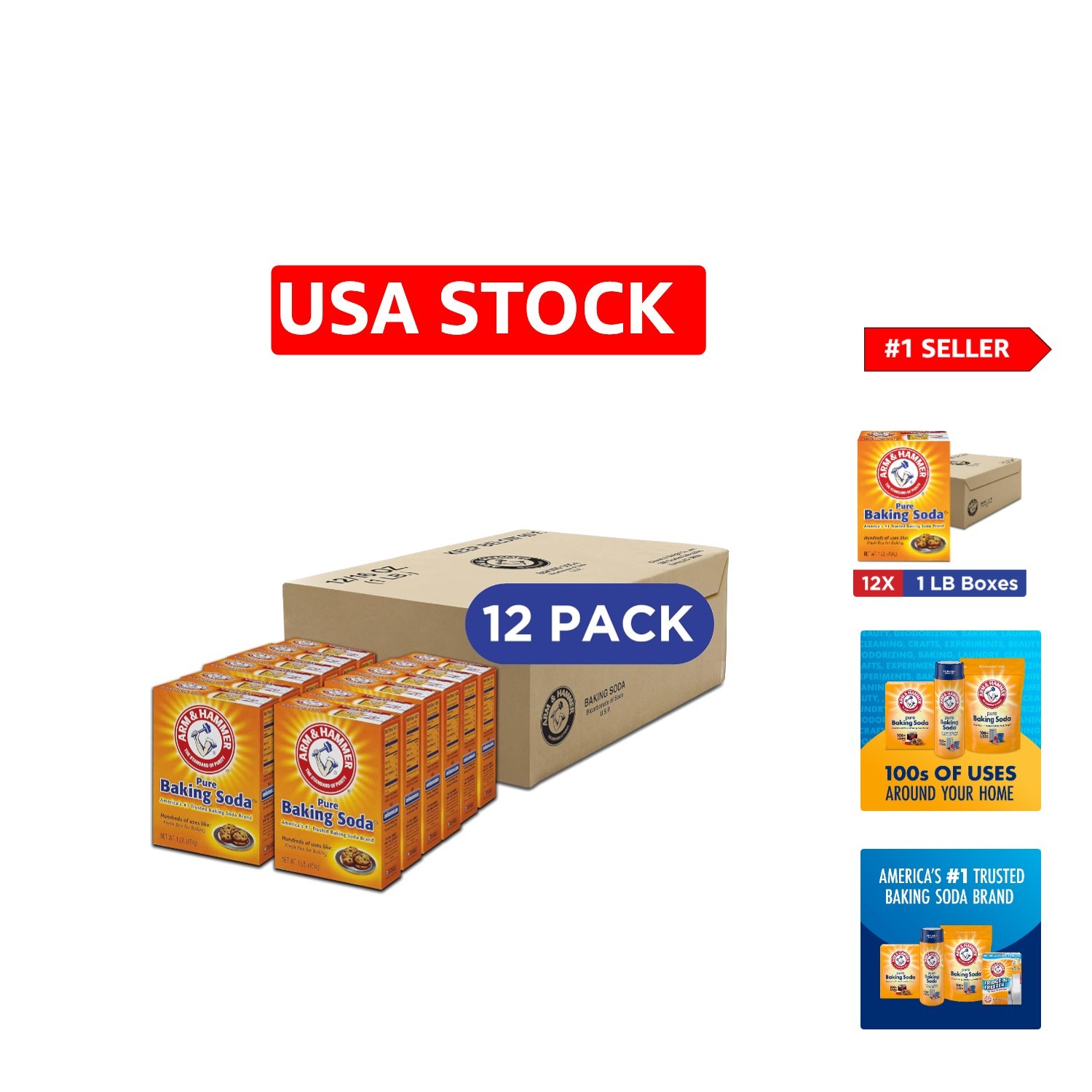 100% Pure Baking Soda – Multi-Purpose Sodium Bicarbonate, 12-Pack of 1 lb Boxes