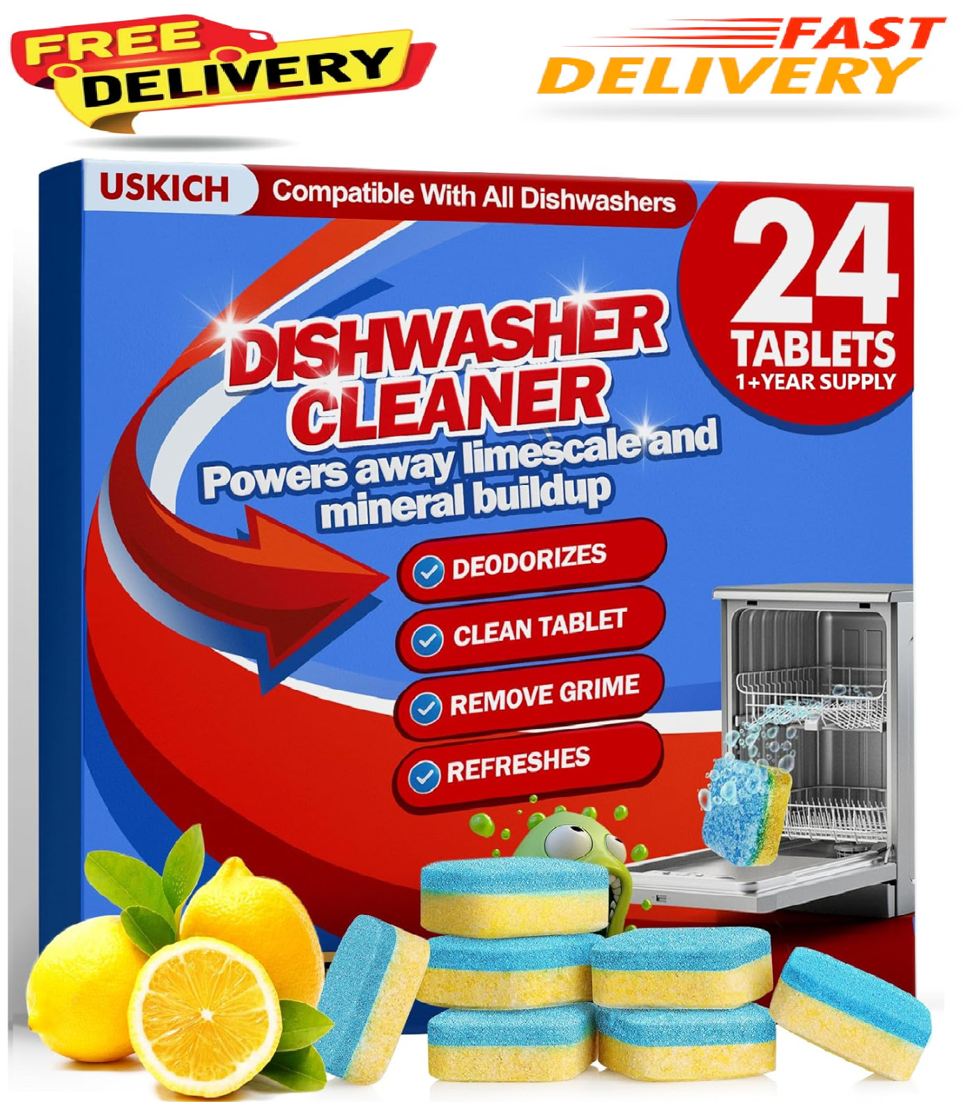 Dishwasher Cleaner And Deodorizer Tablets 24 Pack,Deep Cleaning Descaler Pods
