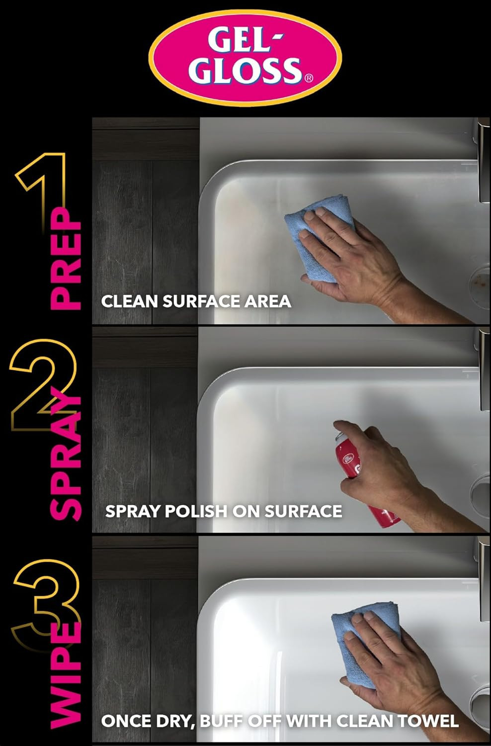 Gel-Gloss Kitchen & Bath Polish Aerosol | Carnauba Cleaner Wax Formulation | Rem