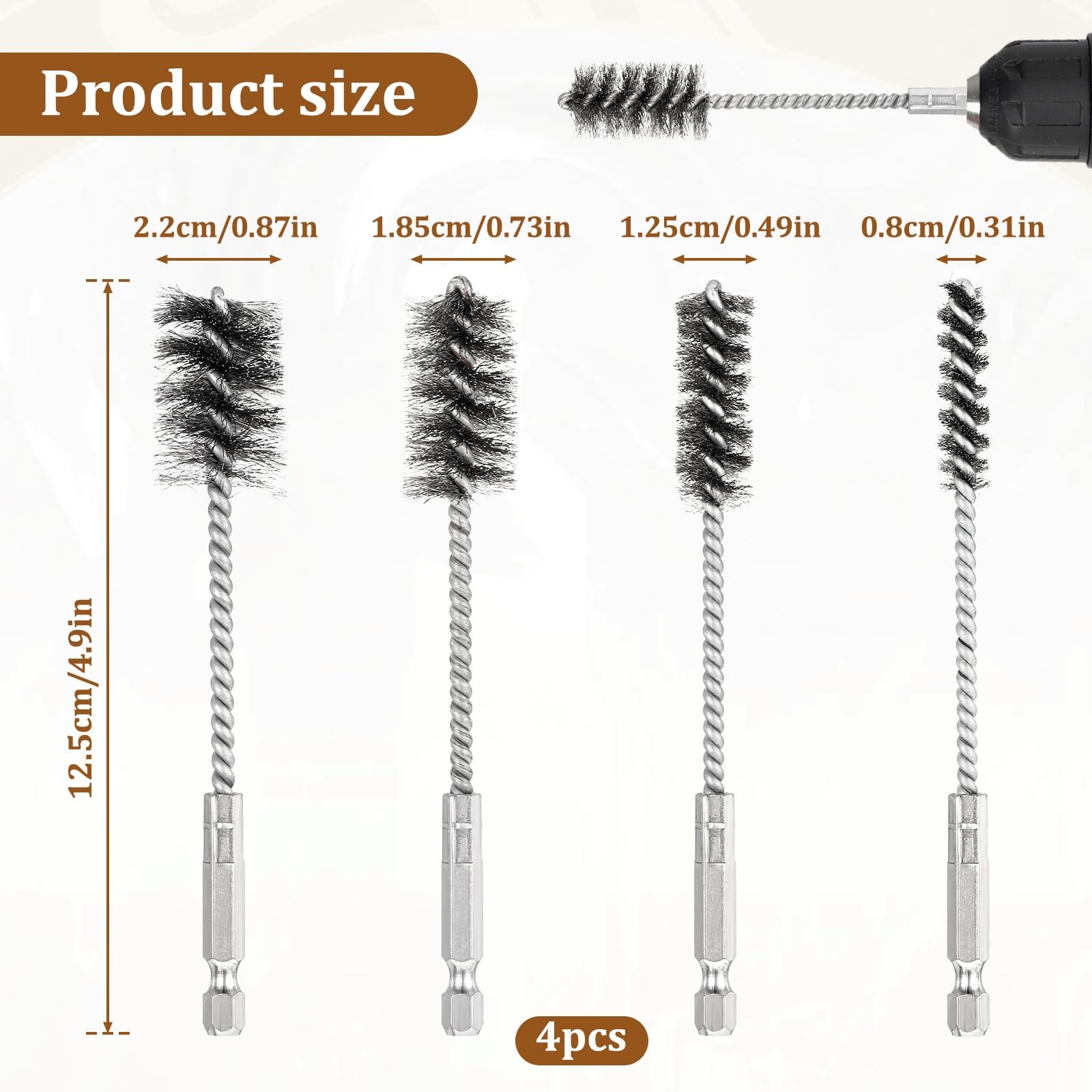 4 Pcs Stainless Steel Wire Brushes for Drill Stainless Steel Bore Brush Set
