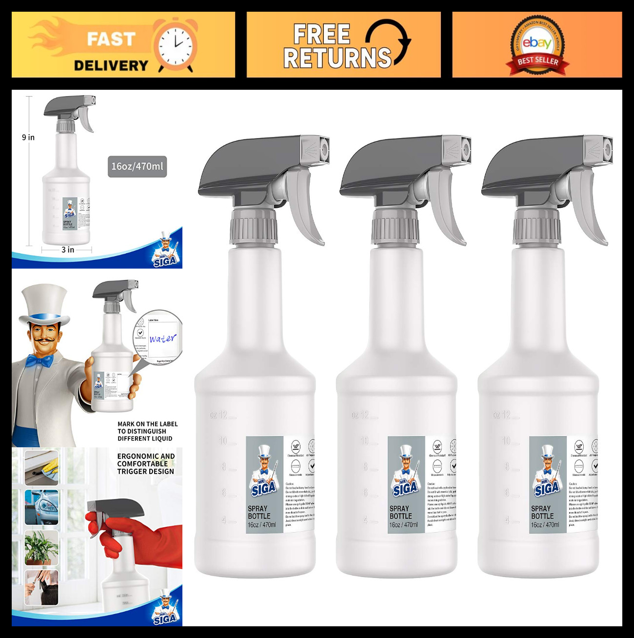 16 oz Empty Plastic Spray Bottles – Heavy Duty Reusable, Adjustable Nozzle, 3 Pa