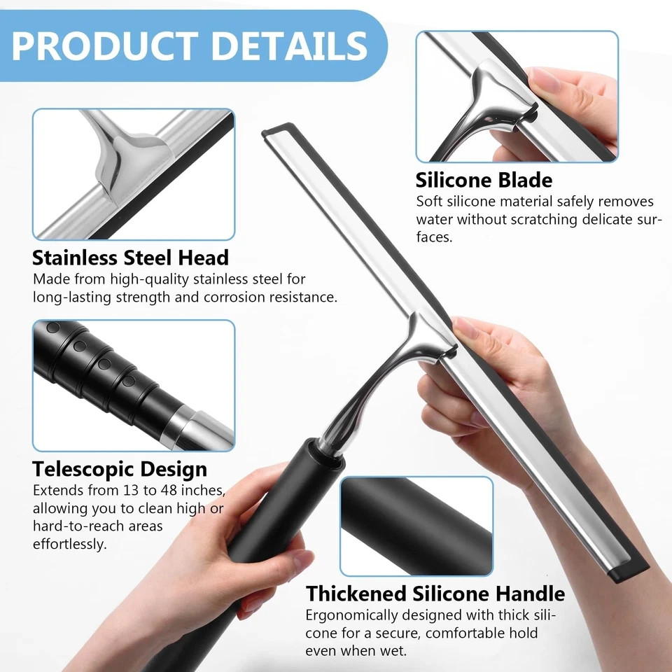 Squeegee for Shower Glass with Long Handle – Extends 13″ to 48″, Includes 2 T…