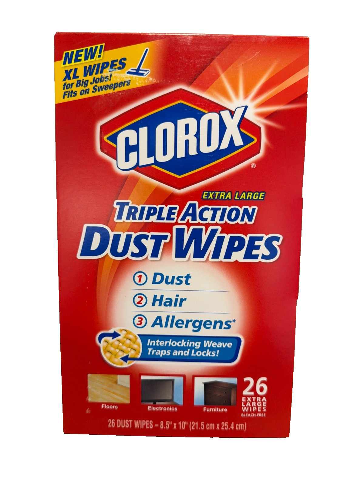 Clorox Triple Action Dust Wipes Extra Large 26 Count 2 Sided MultiSurface 8.5×10
