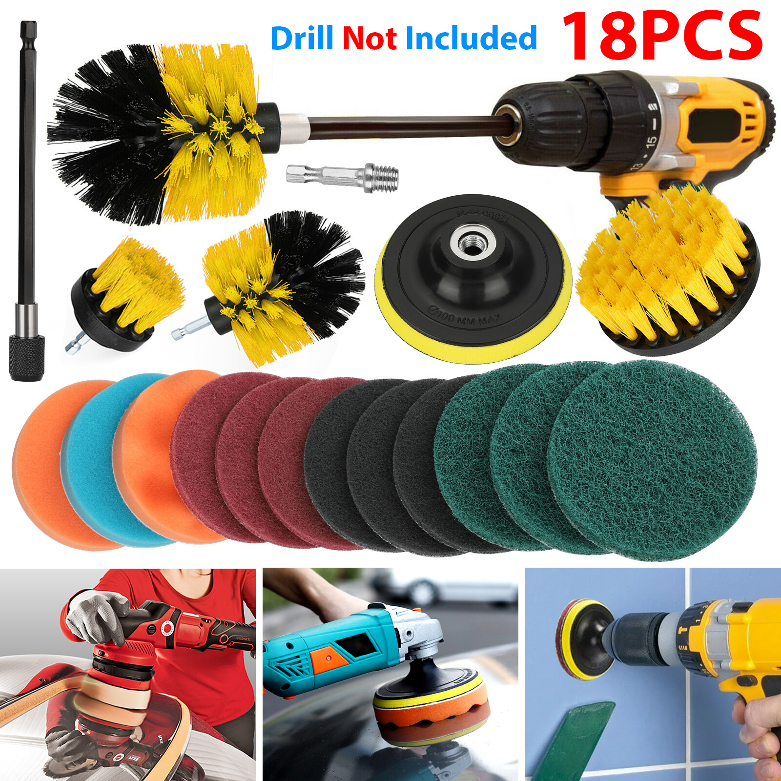 Drill Brush Attachments Set Scrub Pads Sponge Power Scrubber Wash Cleaning Kit
