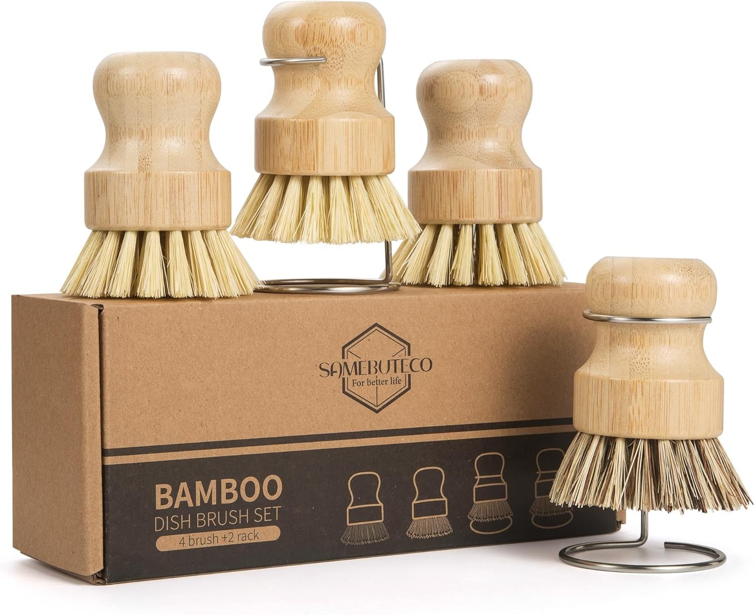 6-Piece Bamboo Dish Brush Set W/ 2X Fast-Dry Stainless Steel Holder,3xNatural