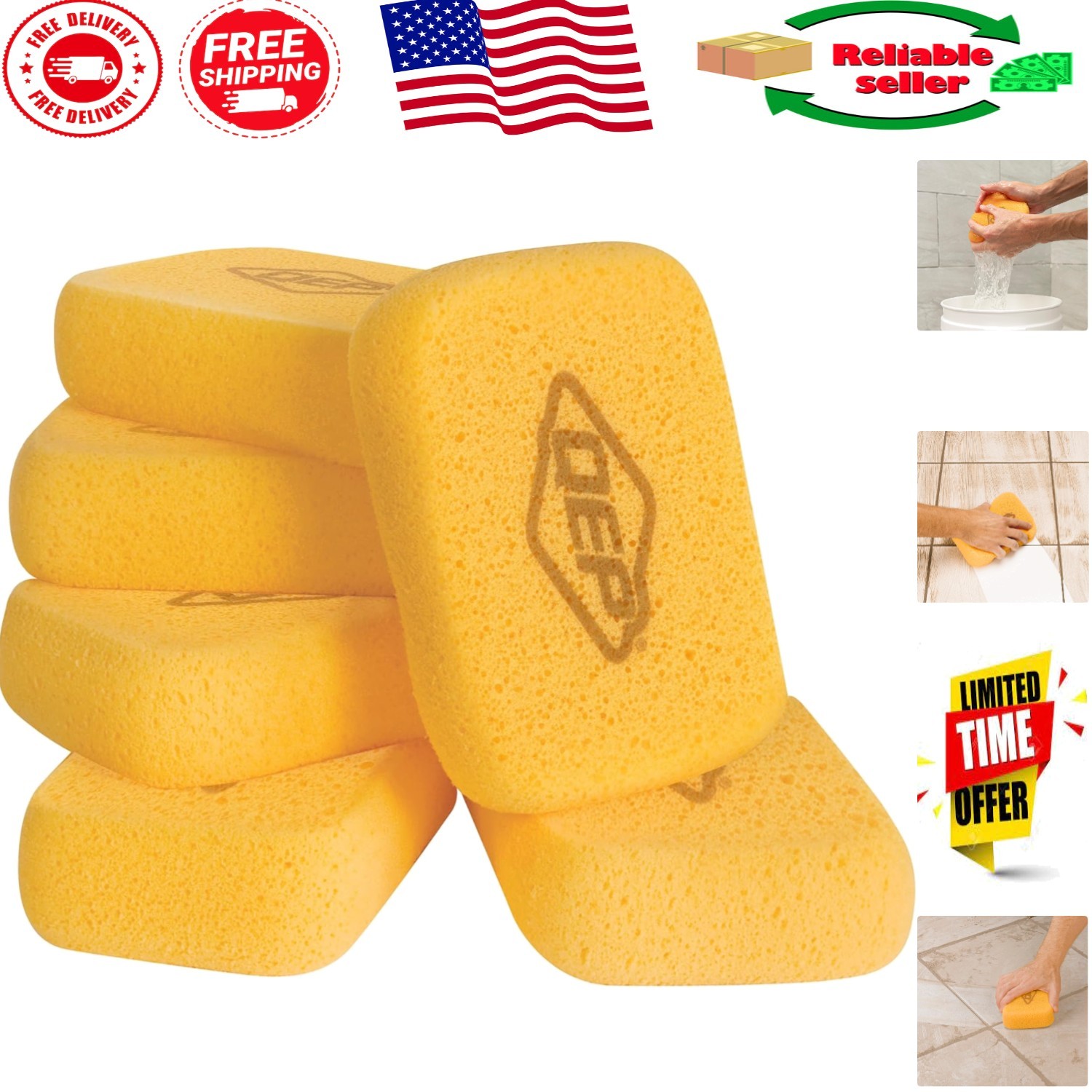 Multipurpose 6-Pack Grouting and Washing Sponges – 7.5 Inch, Heavy Duty Yellow
