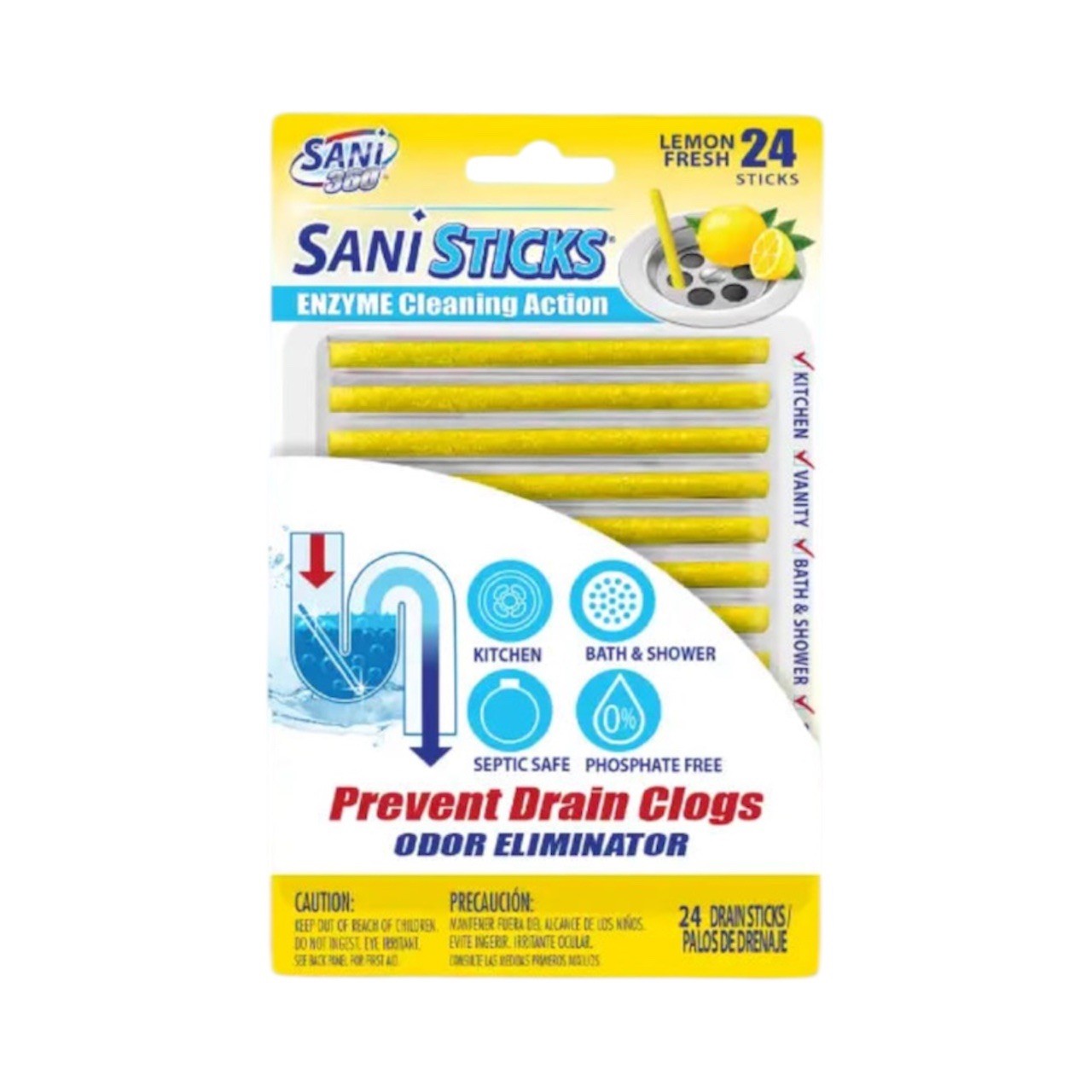SANI 360° Sani Sticks Drain Cleaner and Deodorizer, Lemon Fresh Scent, 24 Count