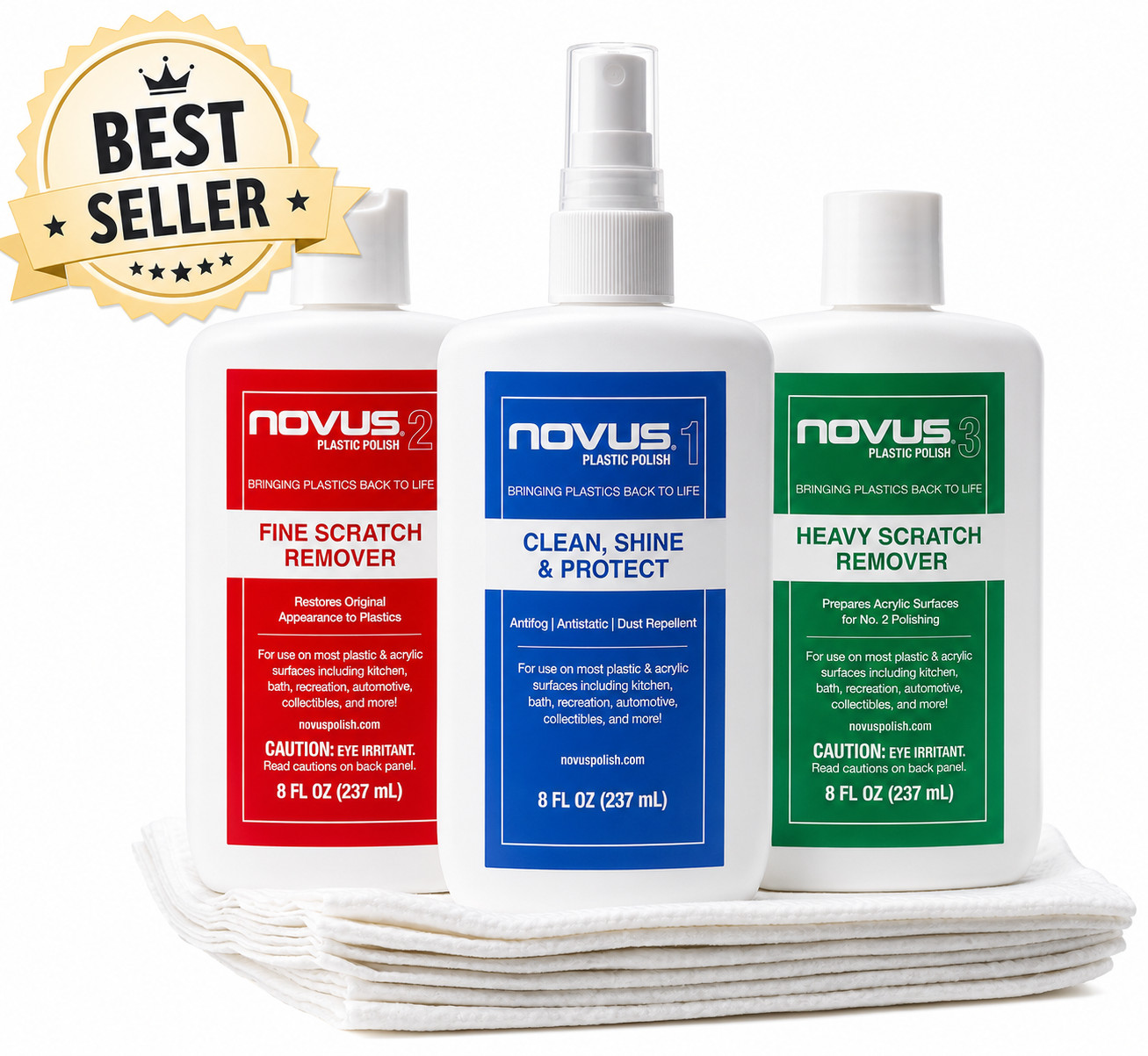 NOVUS Plastic Polish Kit #1, #2, #3 – 8 oz Bottles – Scratch Remover – PK1-8