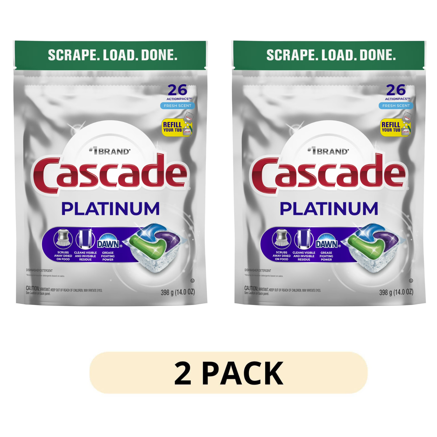 2 Pack Cascade Platinum Dishwasher Pods Fresh Scent Dishwasher Detergent, 26 Ct