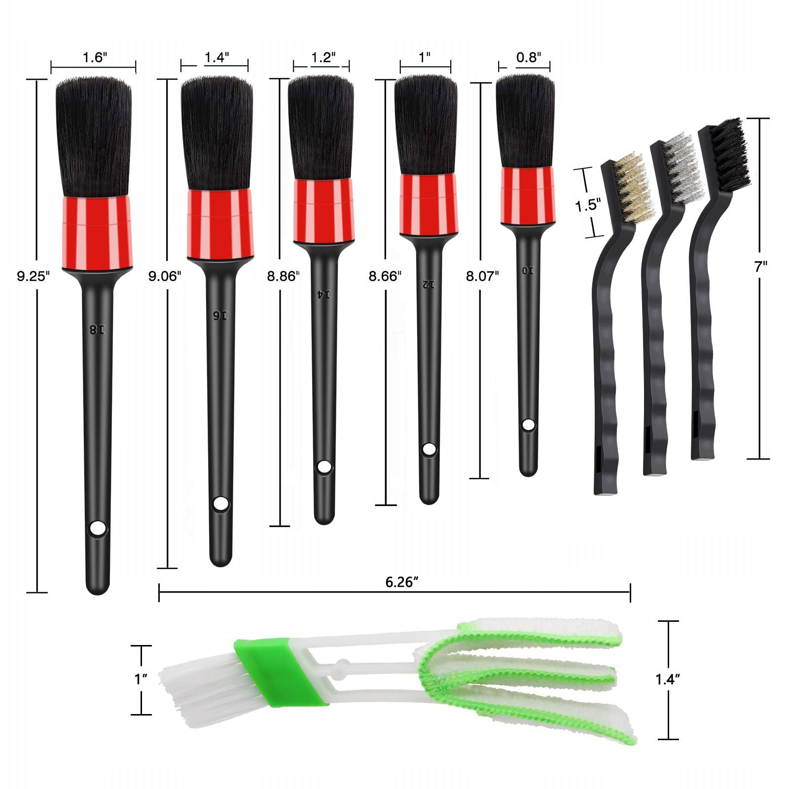 10pc Car Detailing Brush Kit Interior Exterior Cleaning Set with Wire Brushes