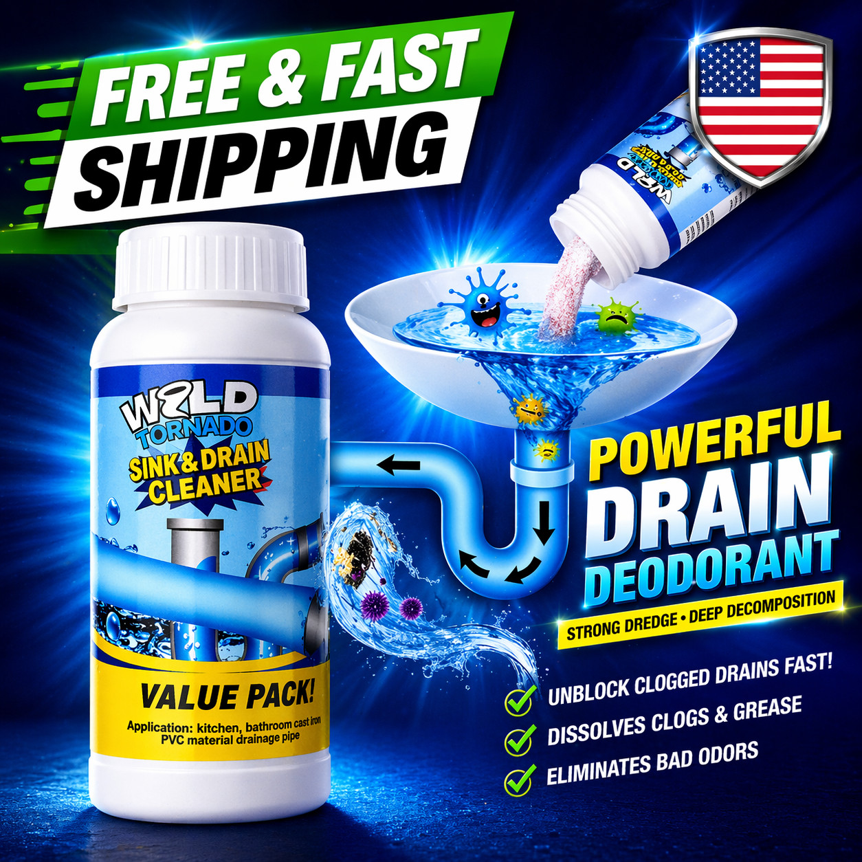 Fast Drain Remover Hot Sink Pipe Dredge Quick Foaming Cleaner 3.9 oz/ 110 g USA