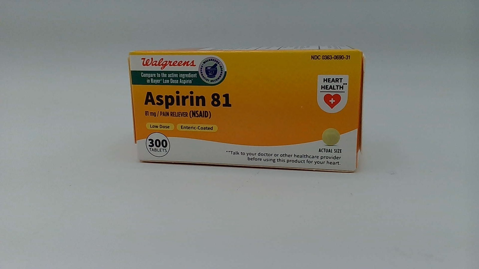 Aspirin 81 mg low dose enteric-coated tablets, 300 count- EXP: 07/2028