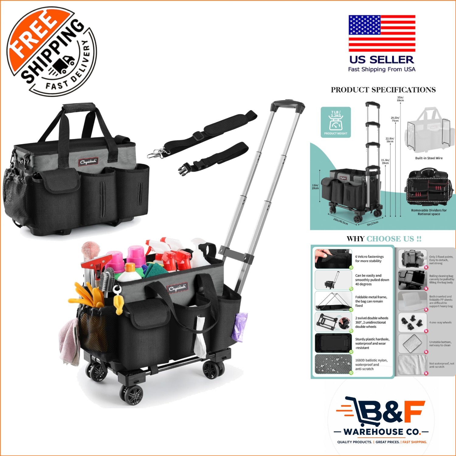 Large Capacity Wheeled Cleaning Caddy – Perfect for Home, Car, Office, and More