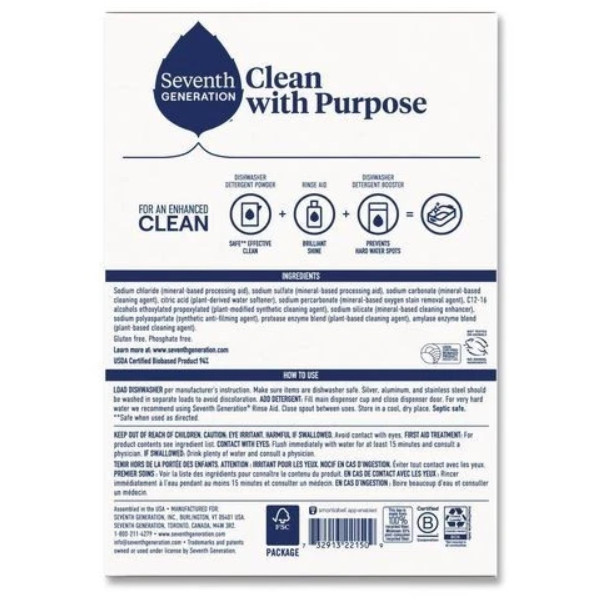 Seventh Generation Automatic Dishwasher Powder, Free and Clear, 45 oz, 12/Carton