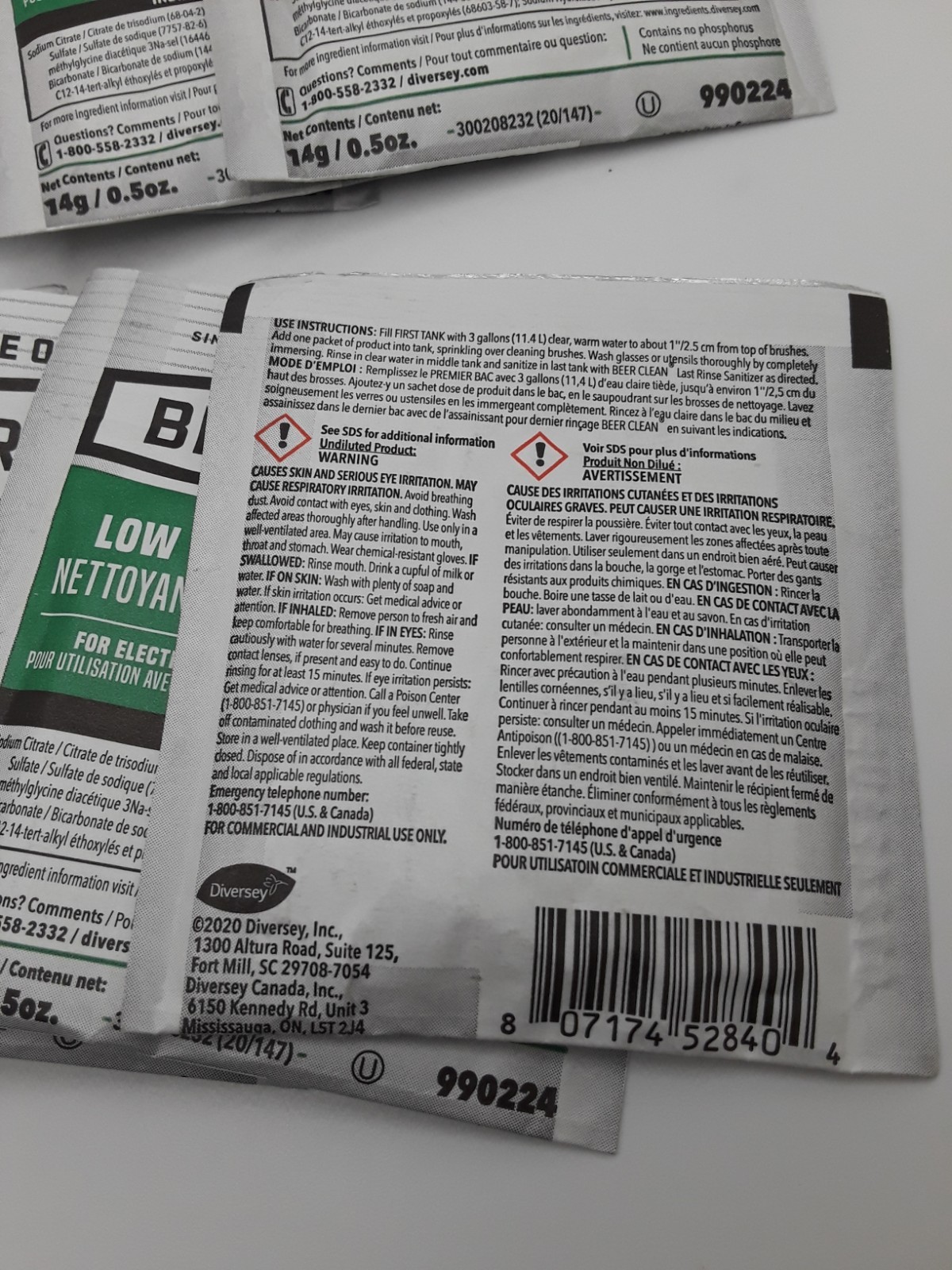 Diversey Beer Clean Low Suds drinking Glass Cleaner 0.5 oz 14g Packets Lot of 10