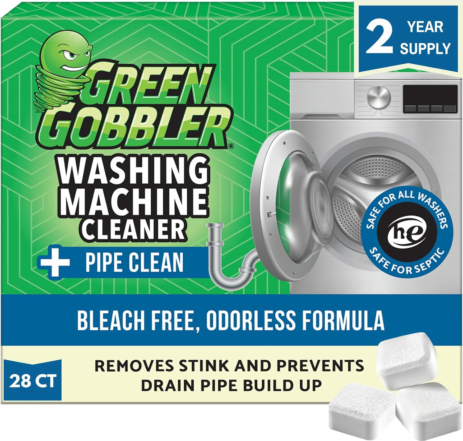 Green Gobbler Premium Washing Machine Cleaner & Deodorizer Tablets with Pipe, Dr