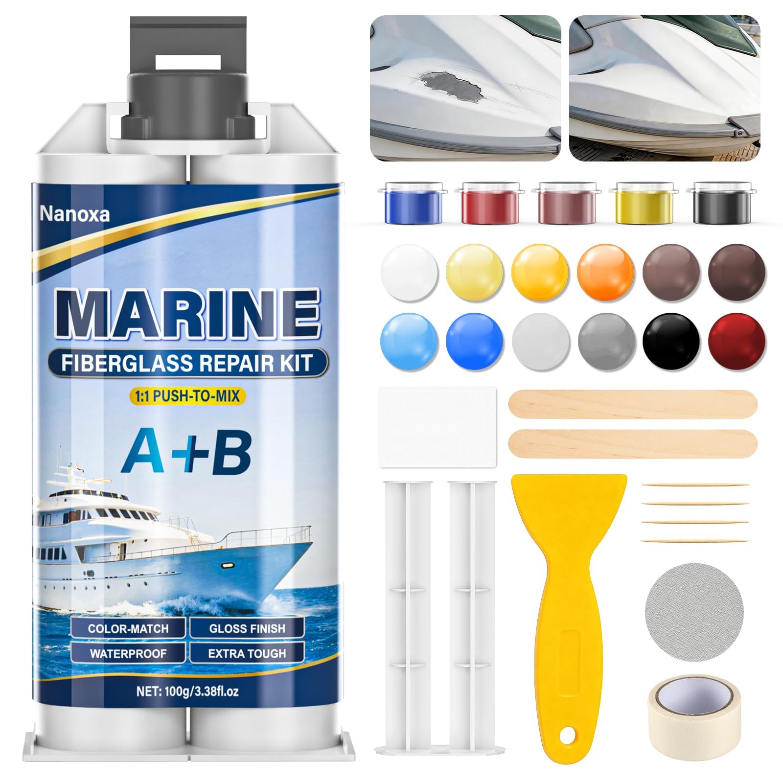 Marine Fiberglass Repair Kit, Gel Coat Repair Kit for Boats with Color Match, Fi