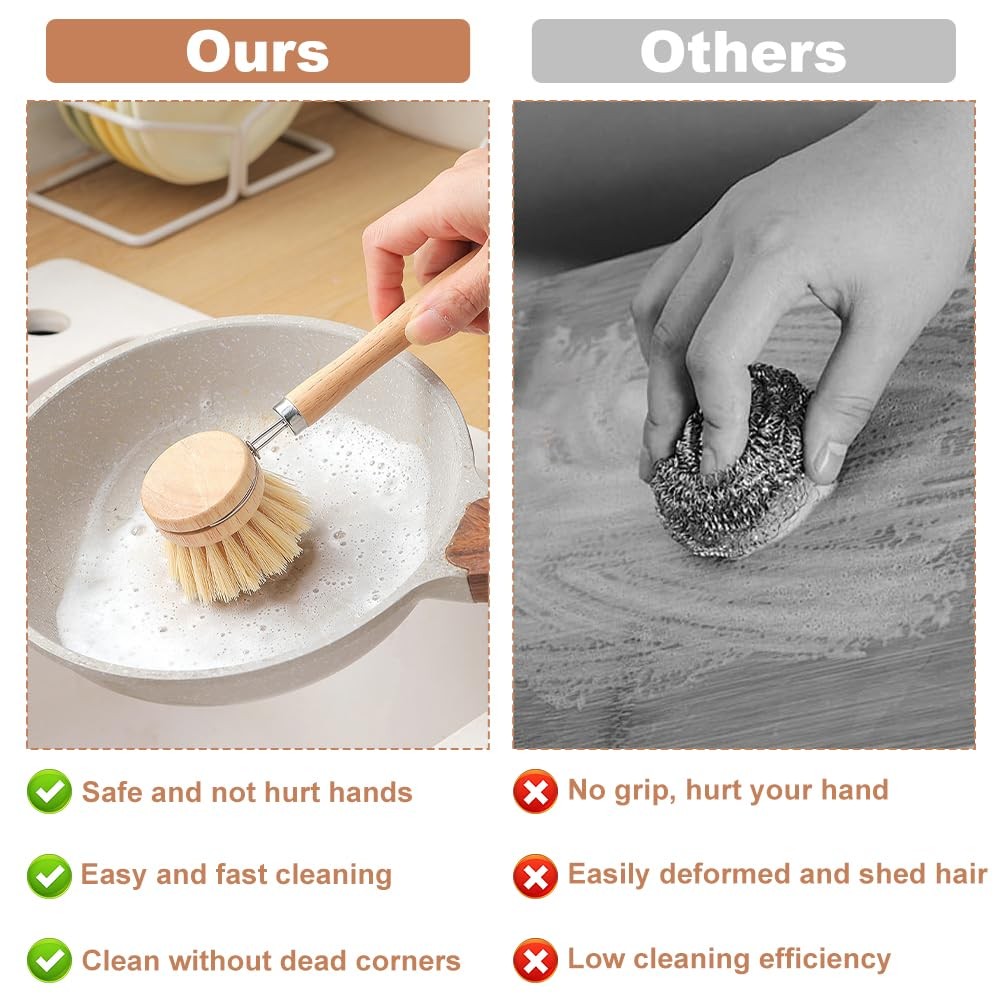 Bamboo Dish Brush with Handle, 3 Natural Bristle Heads (Horsehair, Sisal, Pal…