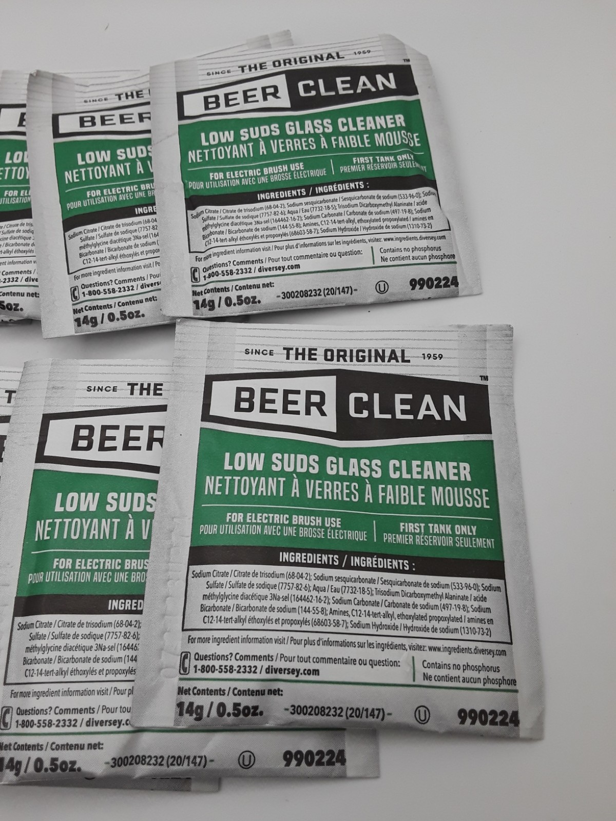 Diversey Beer Clean Low Suds drinking Glass Cleaner 0.5 oz 14g Packets Lot of 10
