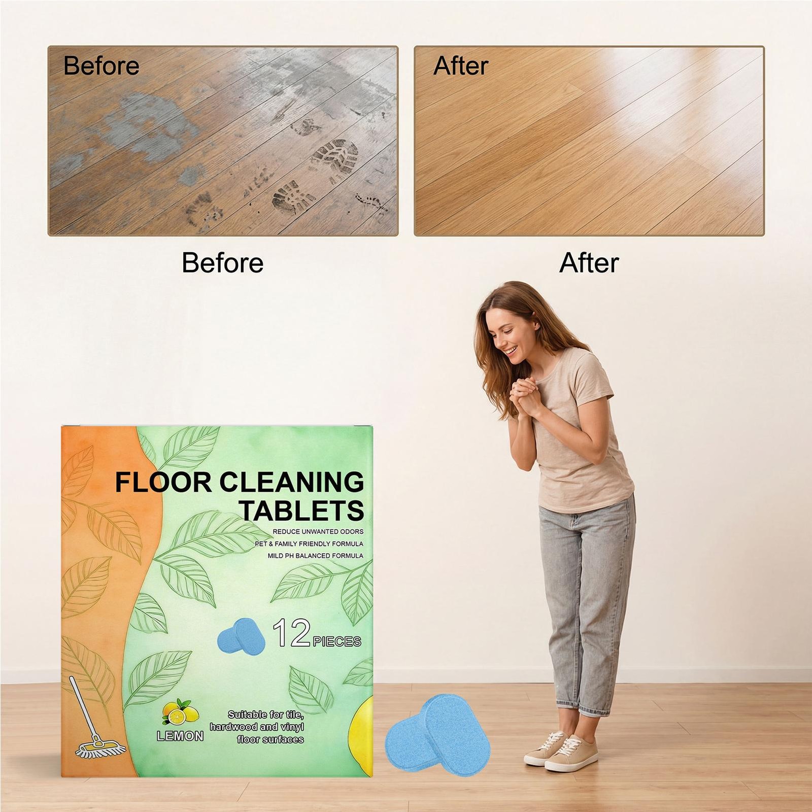 Floor Cleaner Tablets 12 Pieces Effective Mild Sheets Solution Stain Removal Age