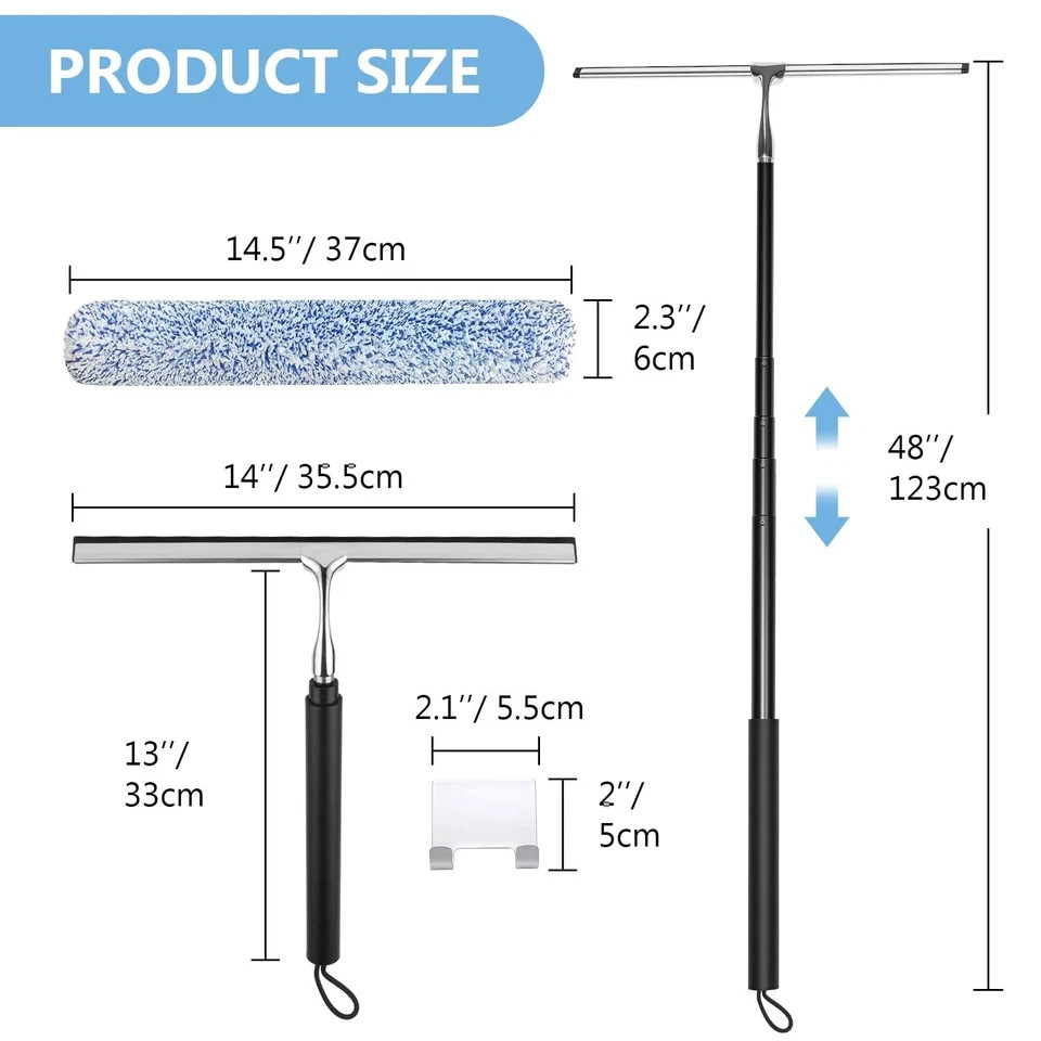 Squeegee for Shower Glass with Long Handle – Extends 13″ to 48″, Includes 2 T…