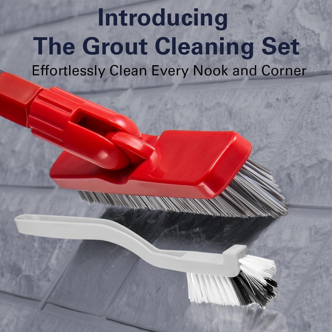 Living Grout Brush with Long Handle & Handheld Stiff Bristle Scrubber, V-Shap…