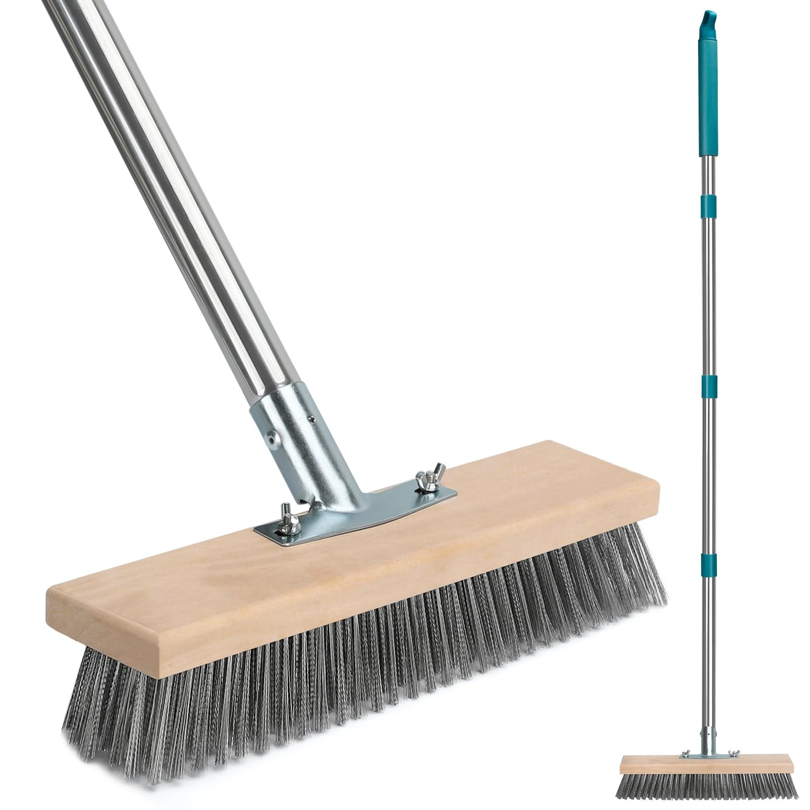 Stainless Steel Deck Scrub Brush with Long Handle, Outdoor Broom for Concrete
