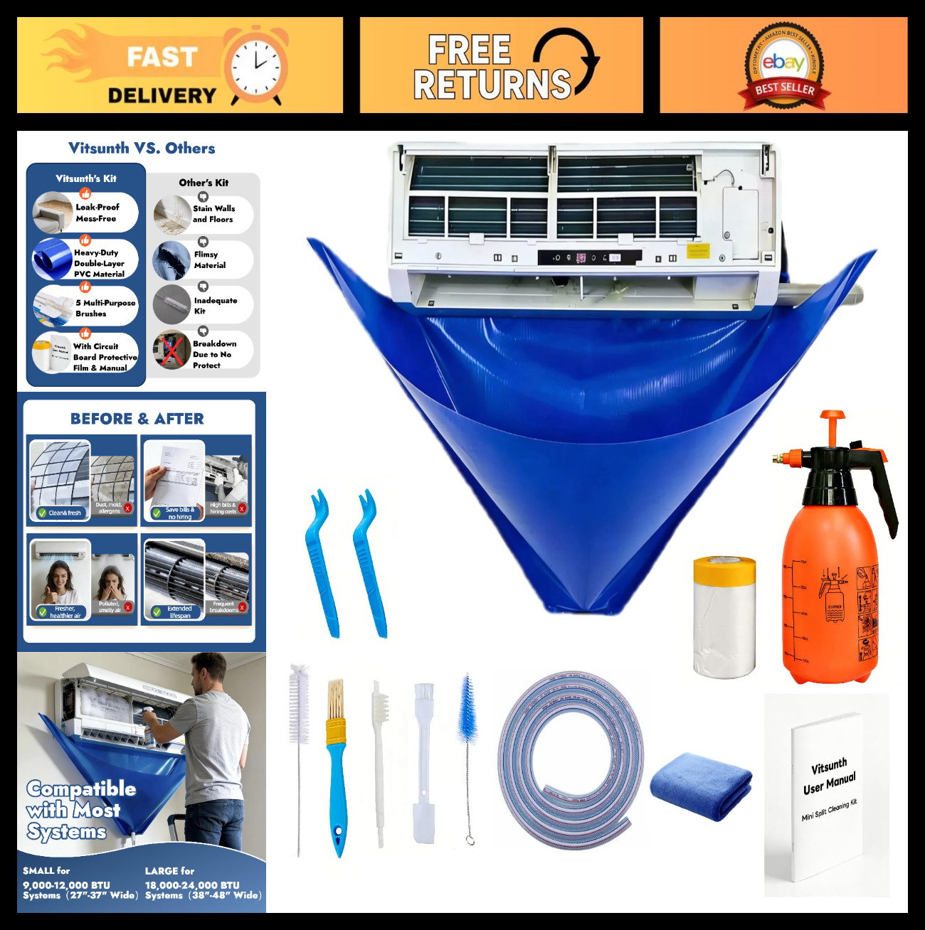 Mini Split Cleaning Kit with Sprayer for 18,000-24,000 BTU Ductless Units, Water