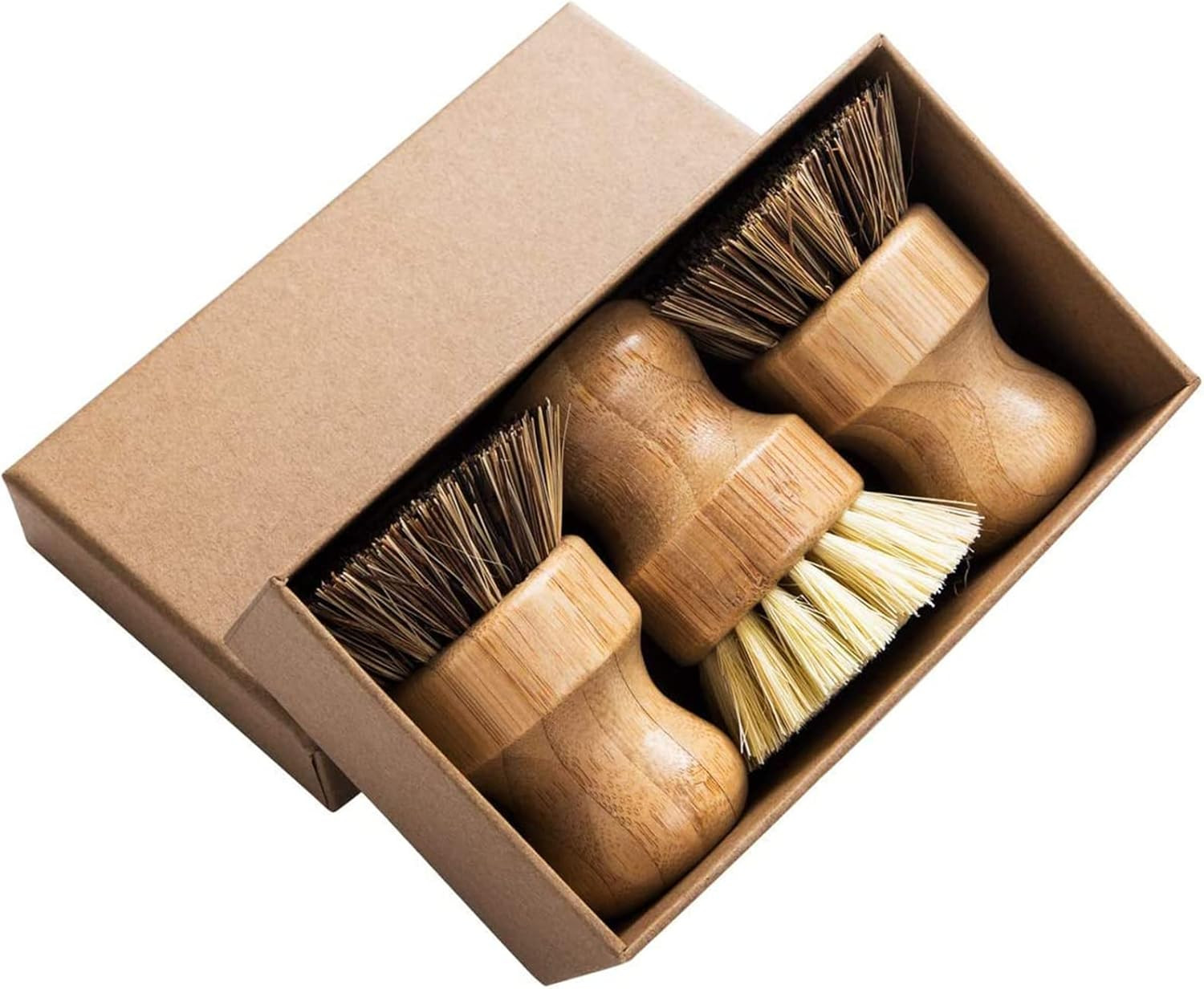 3Pc Bamboo Palm Pot Brush Natural Dish Scrubber Kitchen Cleaning Brush Set